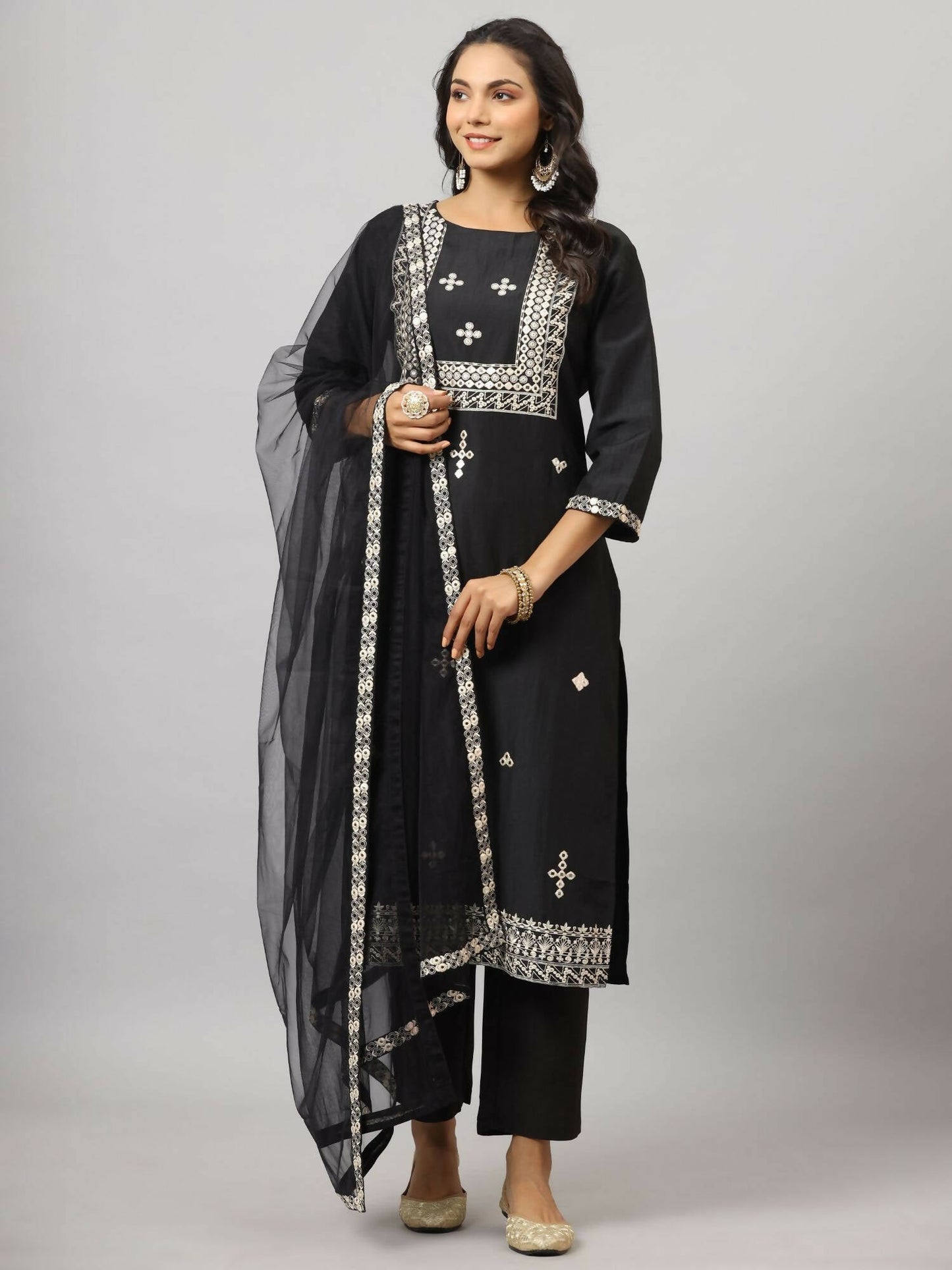 Juniper Women's Black Chinnon Solid Embroidered Kurta Set | Swadesiicart