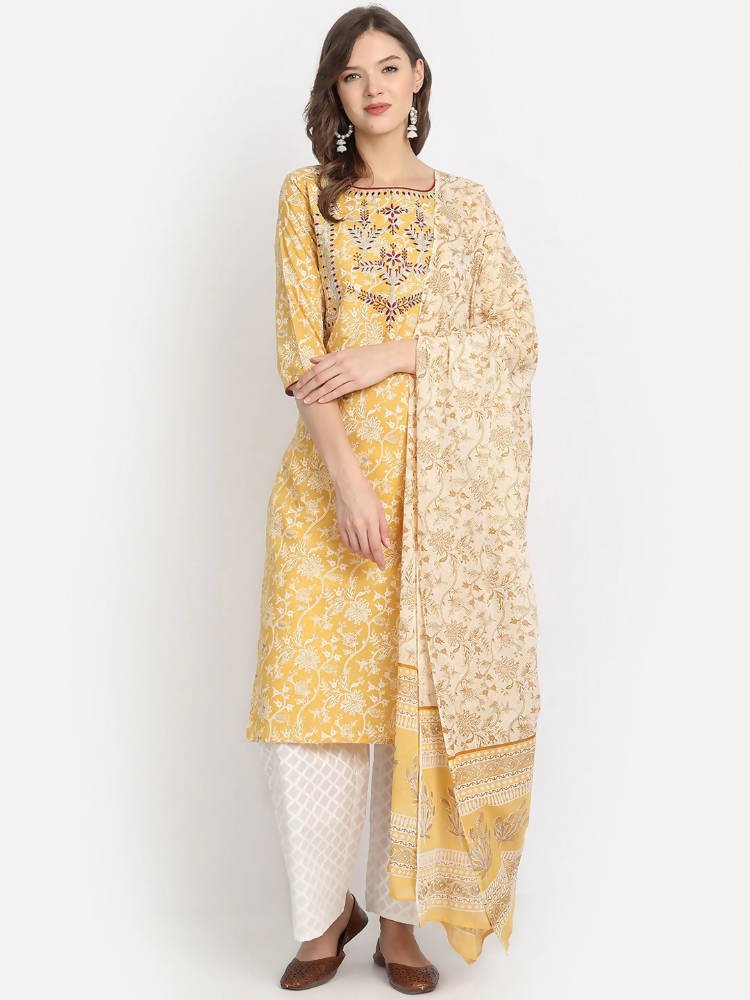 Anubhutee Yellow Ethnic Motifs Printed Panelled Pure Cotton Kurta with Salwar & With Dupatta | Swadesiicart