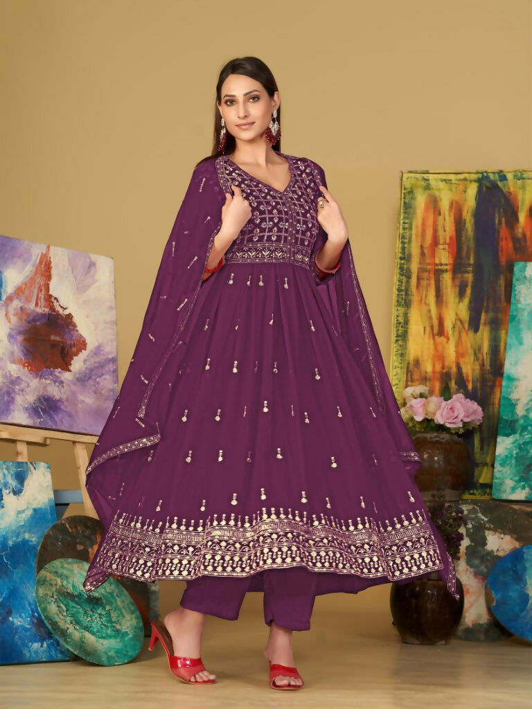 Jyoti Fashion Women's Purple Georgette Embroidered Anarkali Kurta Pant Set With Dupatta | Swadesiicart