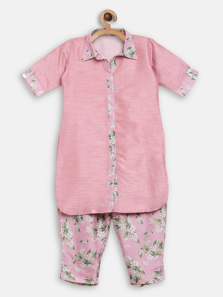 Ahalyaa Pink Poly Silk Solid Kids Kurta with Printed Pant Set For Girls | Swadesiicart