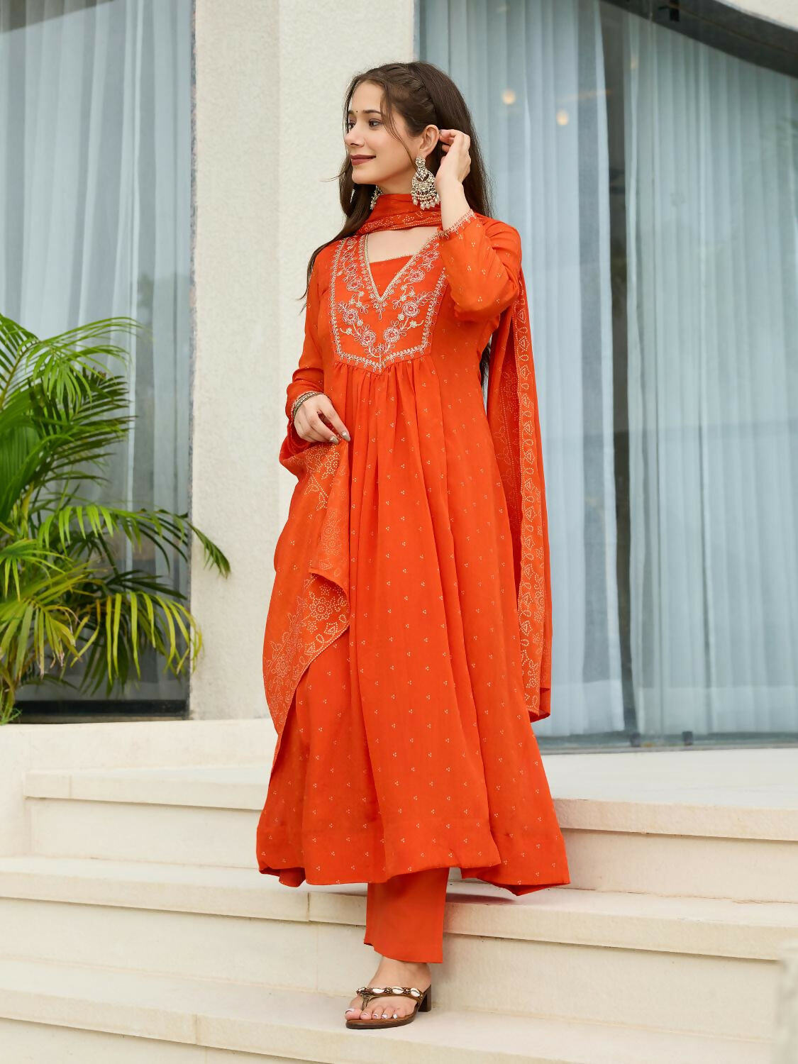 The52 Orange Women's Gorgeous Embroidered Chinon Fabric Flared Kurta Pant and Dupatta Set - Swadesiicart