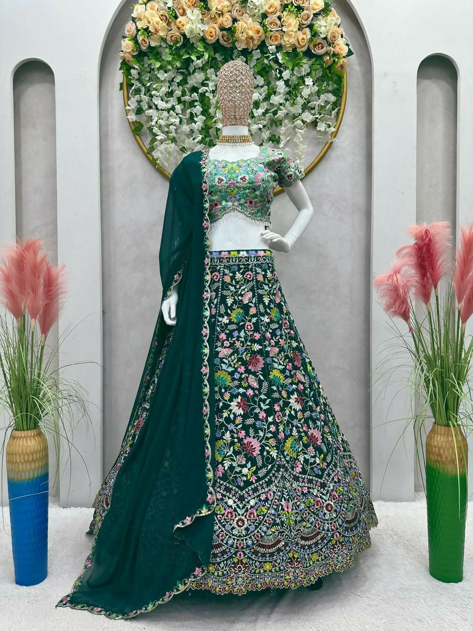 Jyoti Fashion Women's Bottle Green Faux Georgette Sequins with Thread Embroidered Designer Lehenga Choli Set | Swadesiicart
