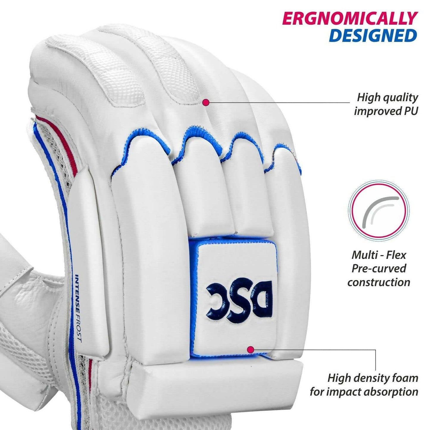 DSC Intense Frost Leather Cricket Batting Gloves for Mens - Right Hand, White, One Size - Swadesiicart