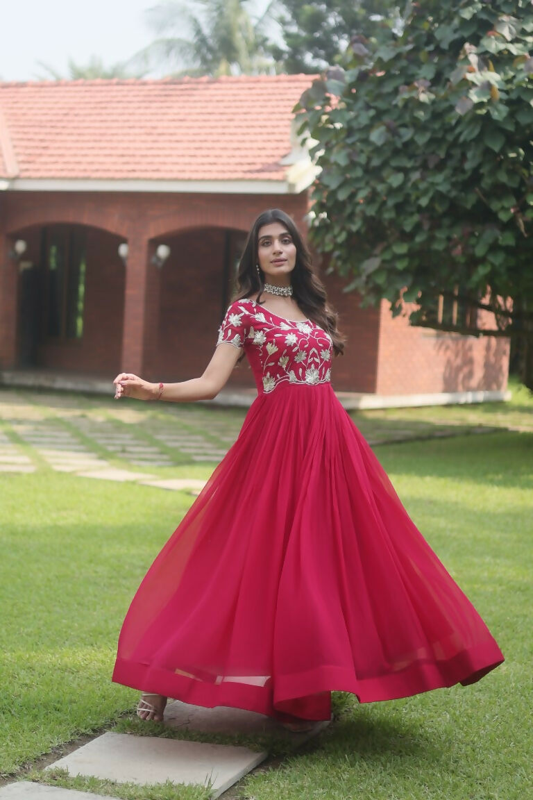 Jyoti Fashion Women's Rani Pink Sequins Embroidered Faux Georgette Anarkali Dress | Swadesiicart