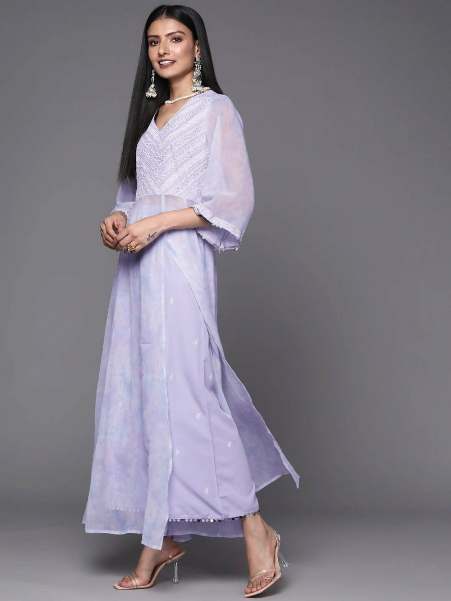 Ahalyaa Lavender & White Floral Printed High Slit Sequined Kurta with Palazzos | Swadesiicart