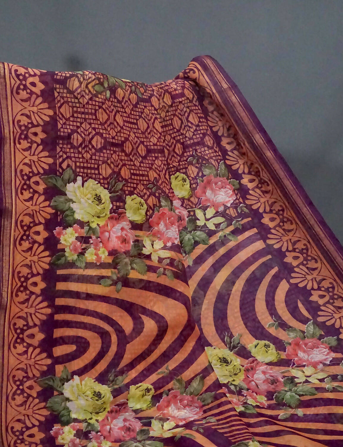 Shades Of Burgundy Floral Design Semi Chanderi Saree By Gayathri Reddy Designer Studio | Swadesiicart