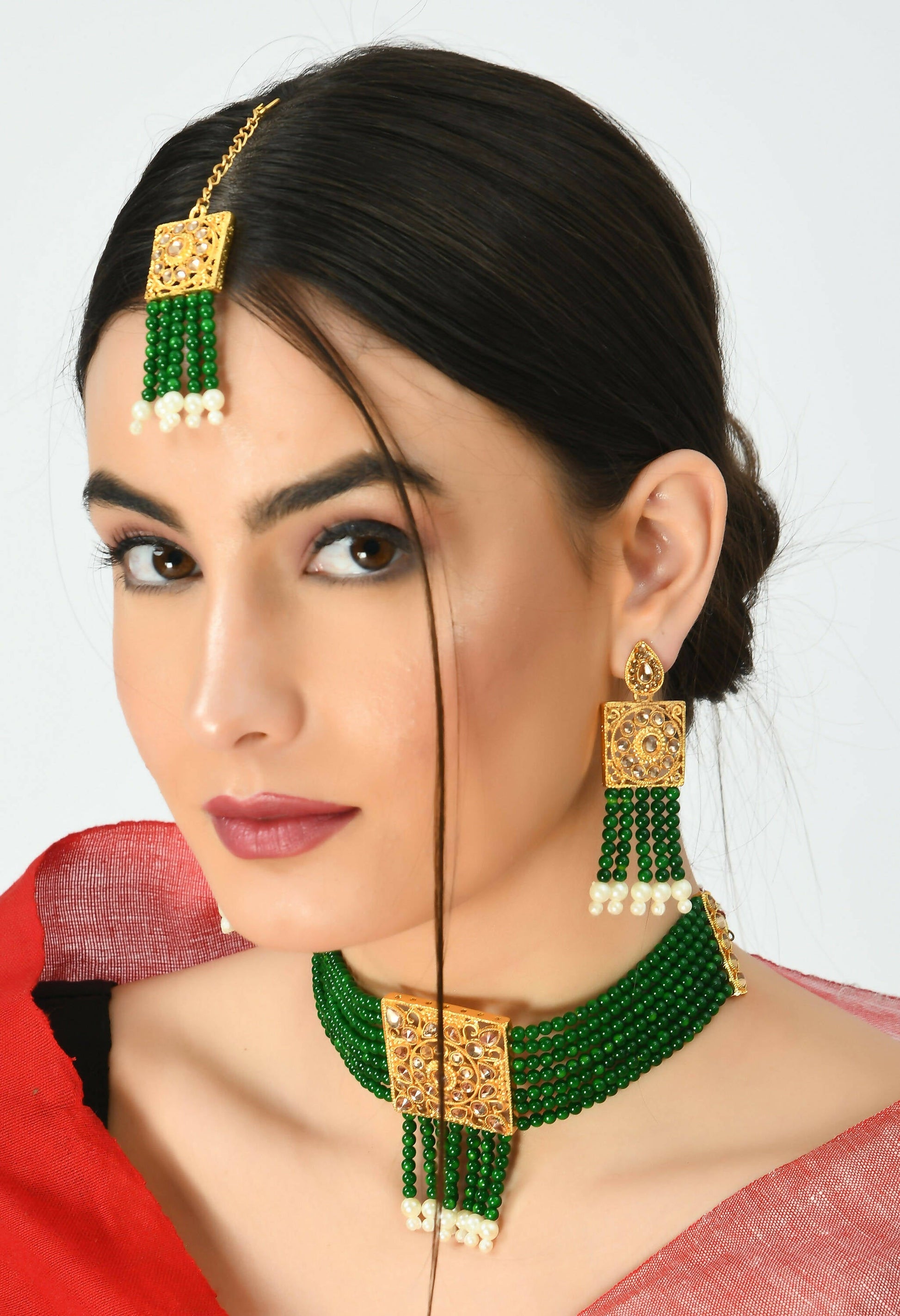 Mominos Fashion Johar Kamal Gold-Polished Kundan & Pearls Necklace Green/Golden Color Choker Set | Swadesiicart