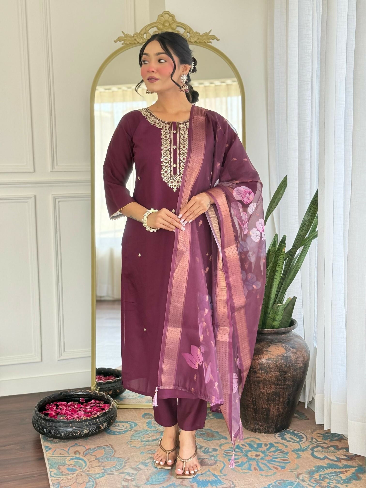 The52 Wine Women's Gorgeous Rayon Fabric Embroidered Work Straight Kurta Pant and Dupatta Set - Swadesiicart