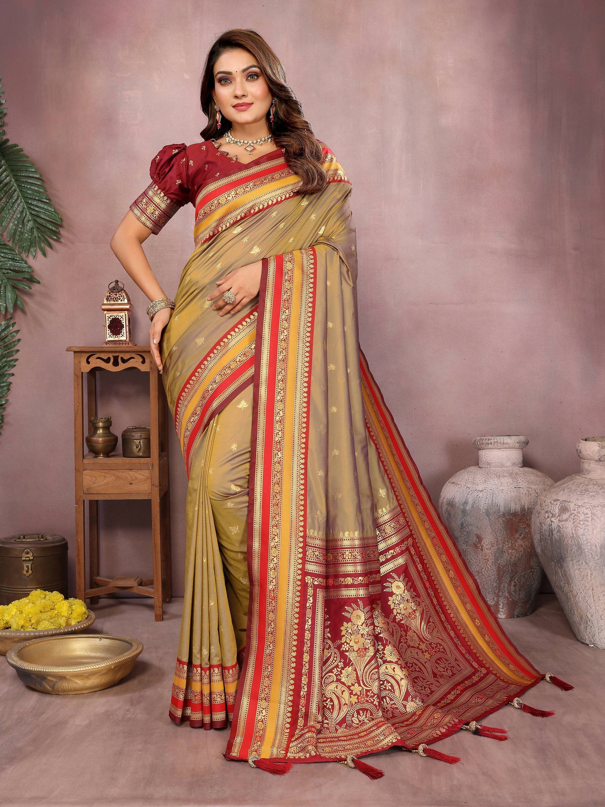 Aastha Fashion Khaki Kalamkari Silk Weaving Saree