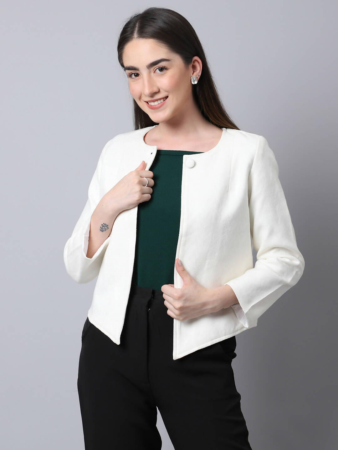 Even Apparels White 100% Viscose Open Front Statement Women's Jacket | Swadesiicart