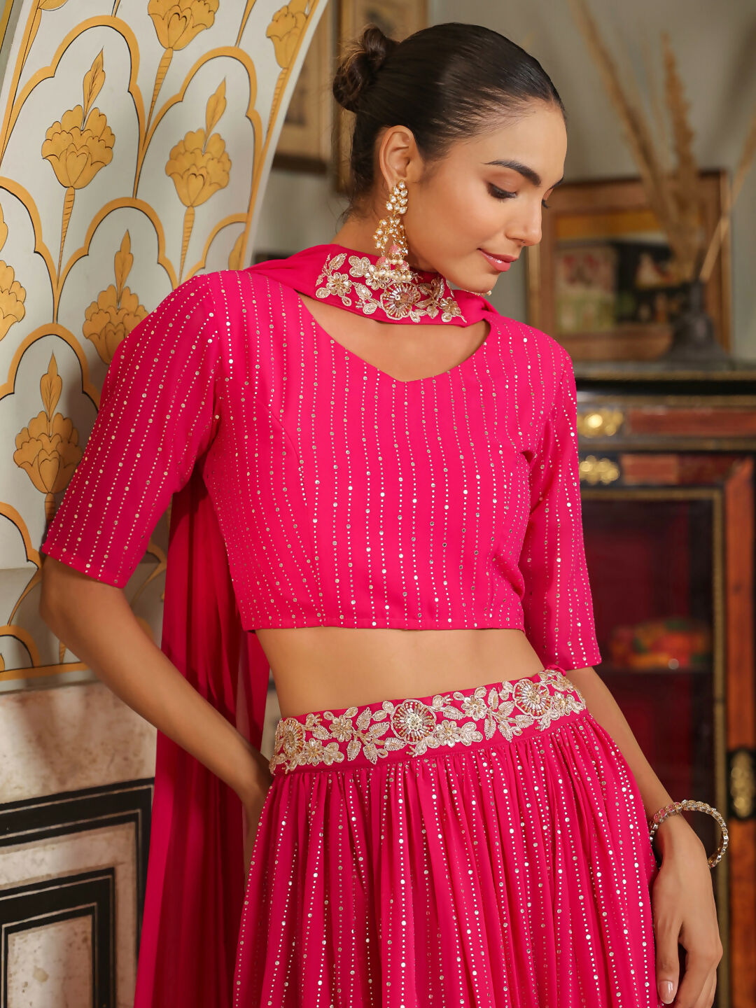Janasya Pink Georgette Foil Print Lehenga Choli Dupatta | Swadesiicart