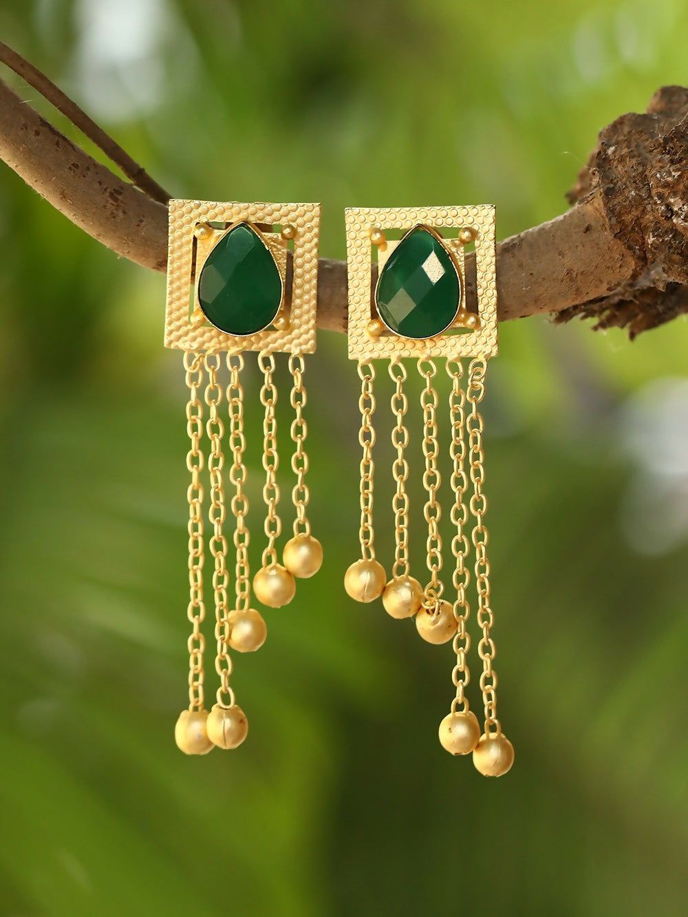 Joban Fashion Women Green Stone Golden Beats Matte Gold Earrings | Swadesiicart