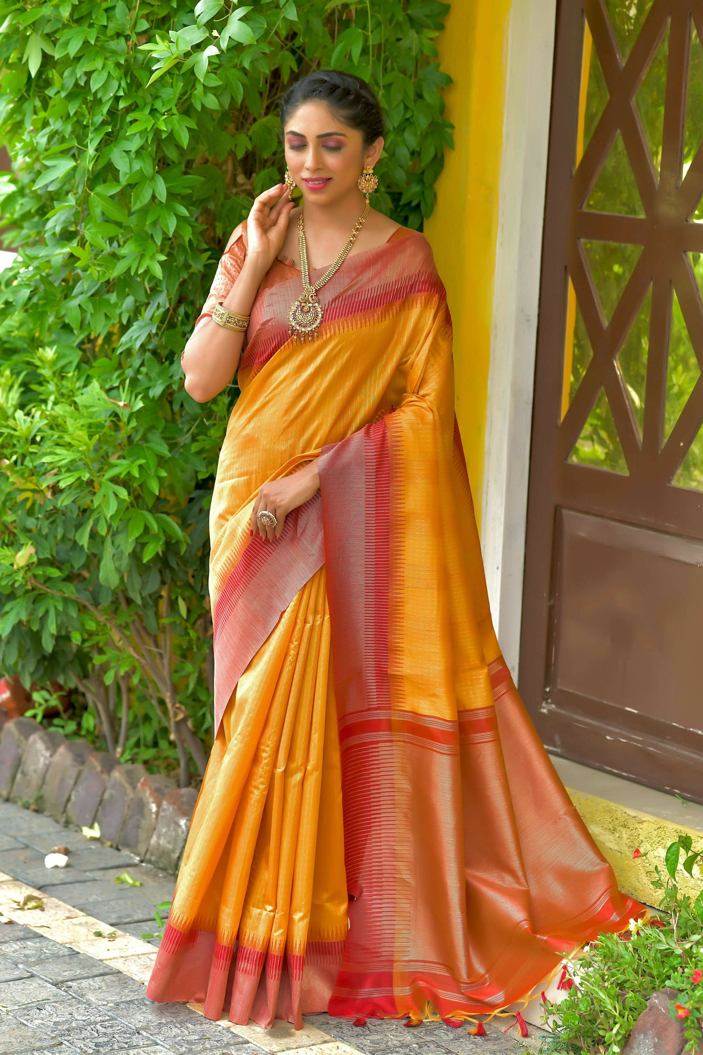 Vishnu Weaves Women's Yellow South Silk Zari Woven Saree with Unstitched Blouse - Swadesiicart