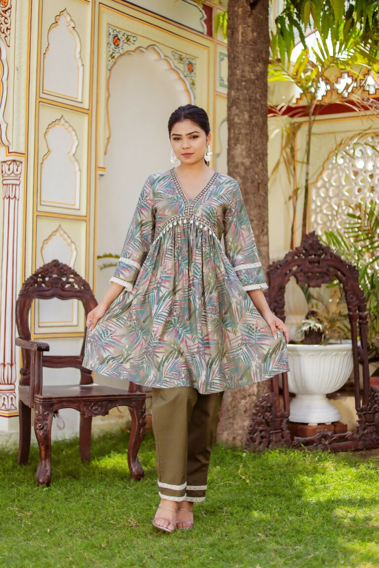 Vaasva Women Olive Green Muslin Floral Print Alia cut Kurta & Pant (Cord set) - Swadesiicart