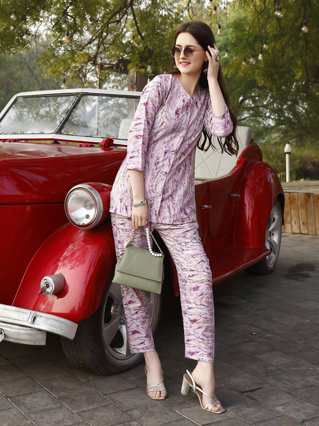 Light Purple Rayon abstract Printed Top with Matching Bottom - Eesha - Swadesiicart