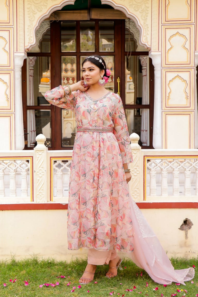 Vaasva Women White Organza Floral Print & Embroidered Anarkali Kurta, Pant & Dupatta set | Swadesiicart