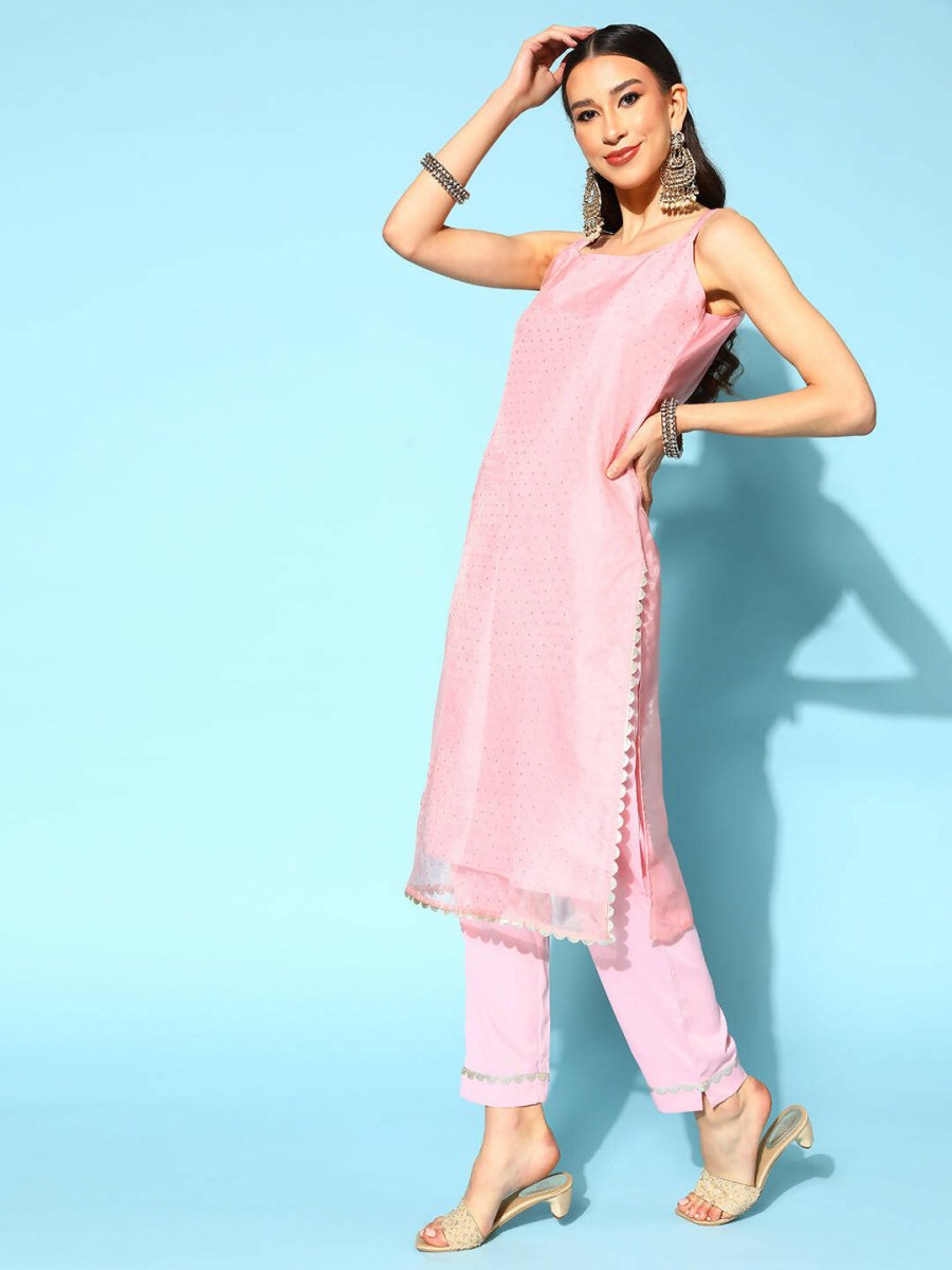 Ahalyaa Women Pastel Pink Colour Organza Glitter Printed Kurta Pant Set With Dupatta | Swadesiicart