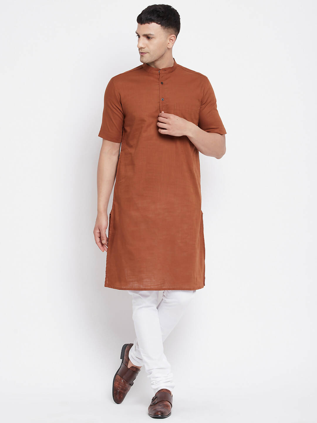 Even Apparels Brown Pure Cotton Men's H/S Kurta With Band Collar | Swadesiicart