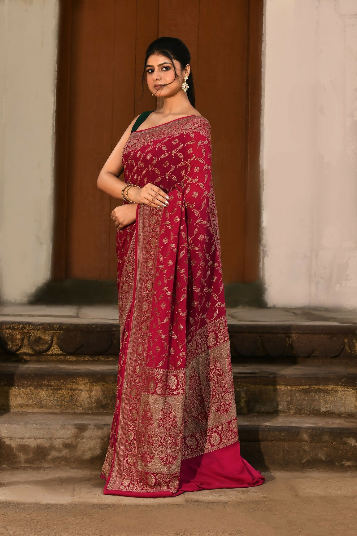 Joban Fashion Hot Pink Crepe Chiffon Banarasi Pure Handloom Banarasi Silk Saree | Swadesiicart