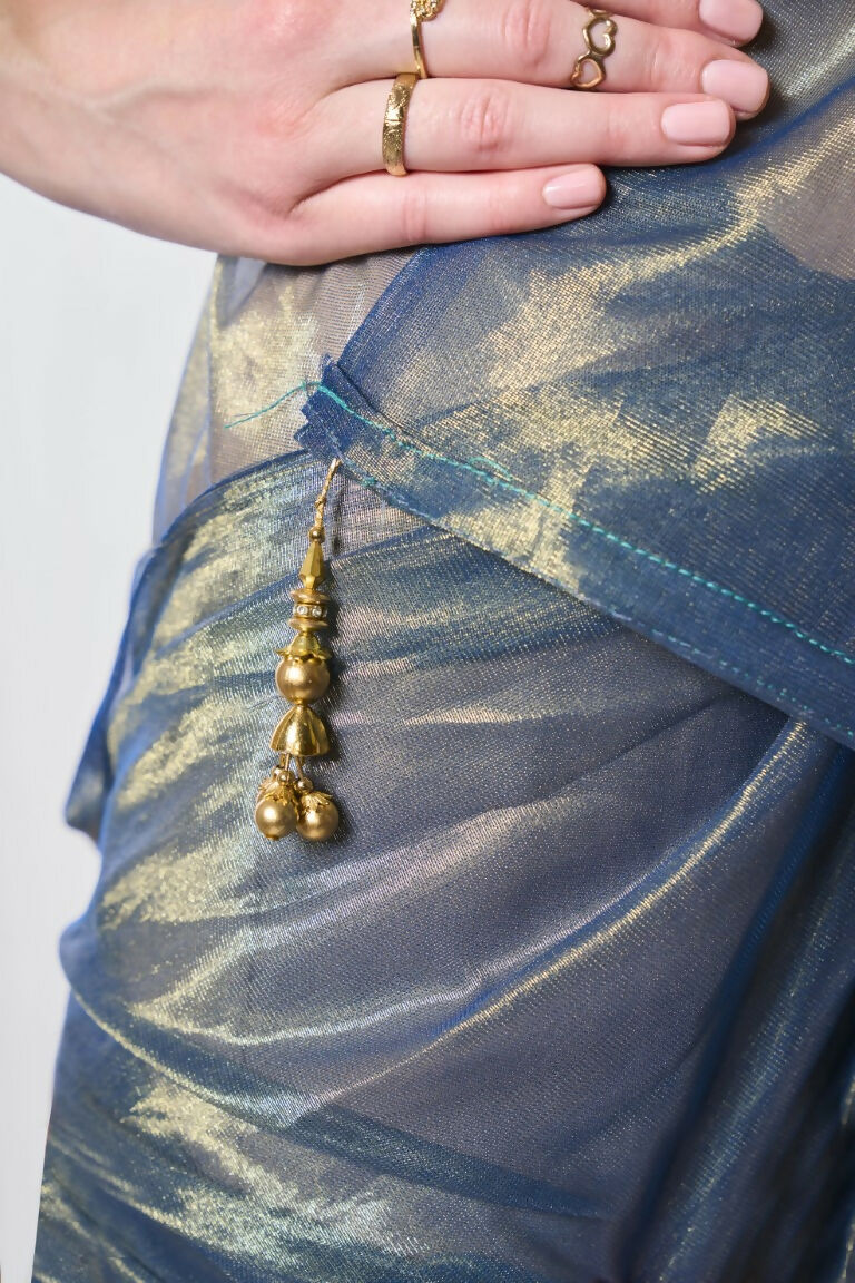 Blue Gold Tissue Net Solid & Gold Cotted Saree - Samaa