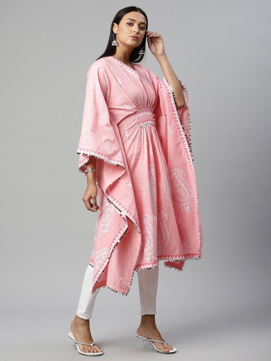 Ahalyaa Women Pink Pure Cotton Printed Kaftan Kurta | Swadesiicart