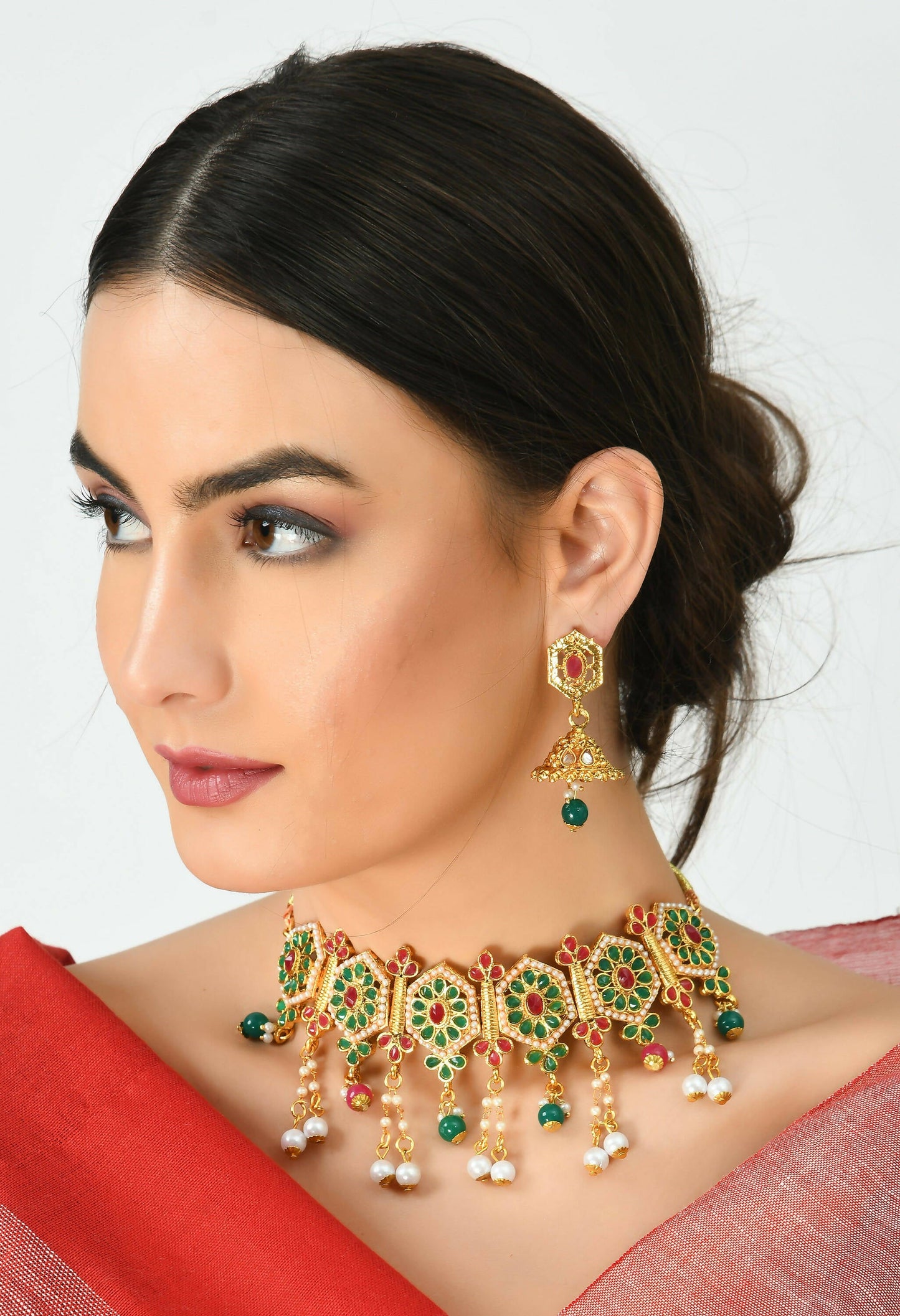 Mominos Fashion Johar Kamal Women Gold-Polished Brass Finish Meena & Pearls Work Choker | Swadesiicart