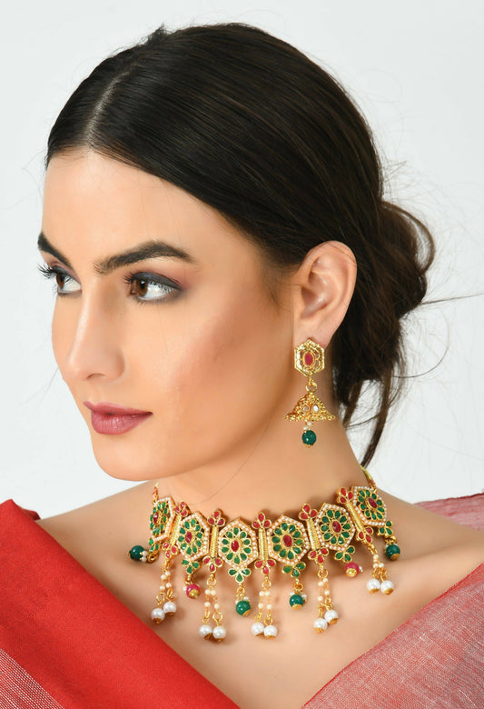 Mominos Fashion Johar Kamal Women Gold-Polished Brass Finish Meena & Pearls Work Choker | Swadesiicart