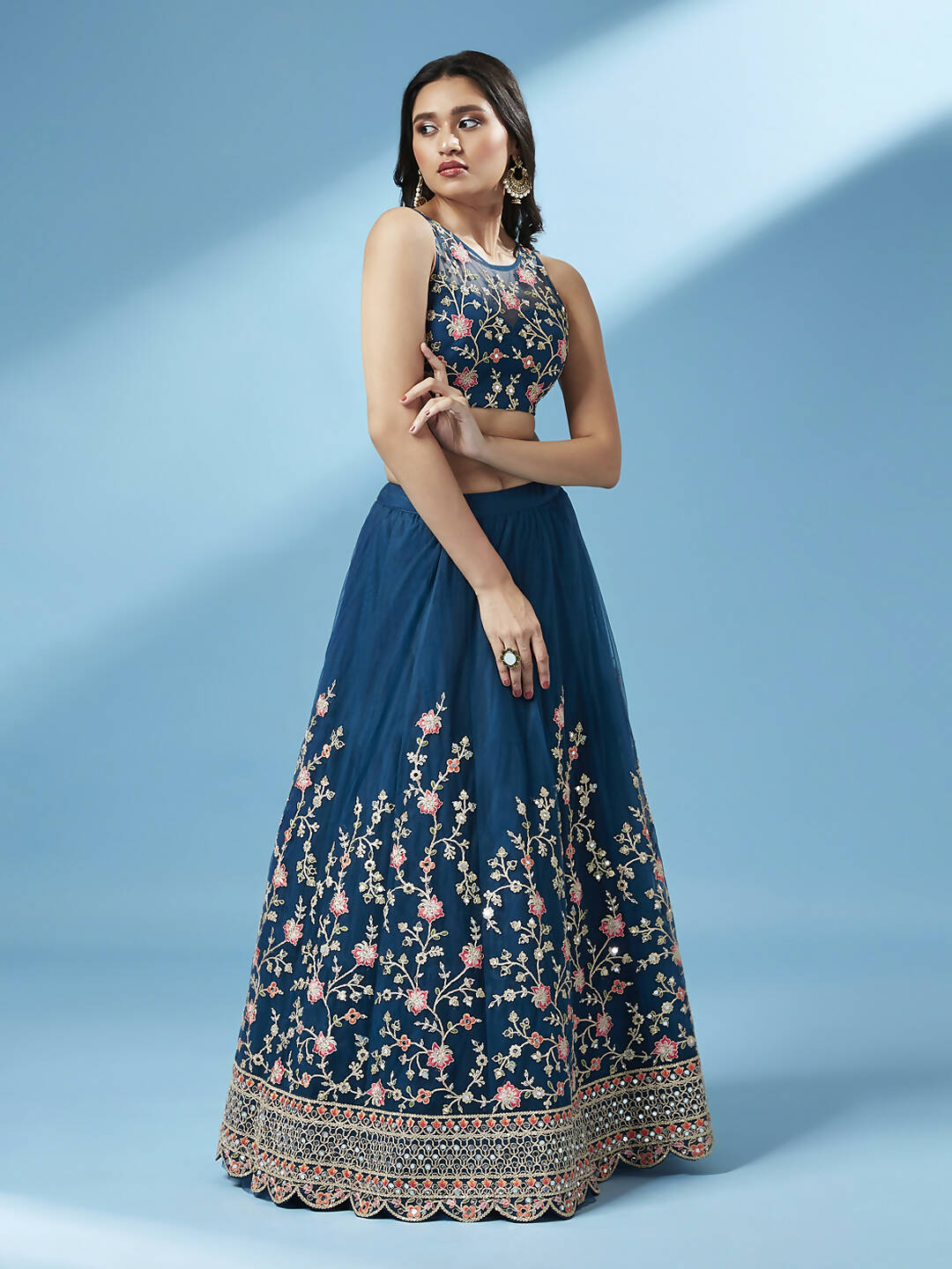 House of Panchhi Teal Net Semi stitched Coding and Mirror Work Lehenga Choli | Swadesiicart