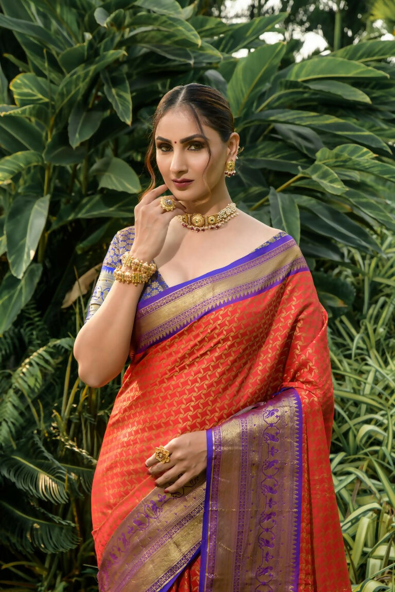 Jyoti Fashion Women's Orange Kanjivaram Silk Zari Woven Saree with Blouse | Swadesiicart