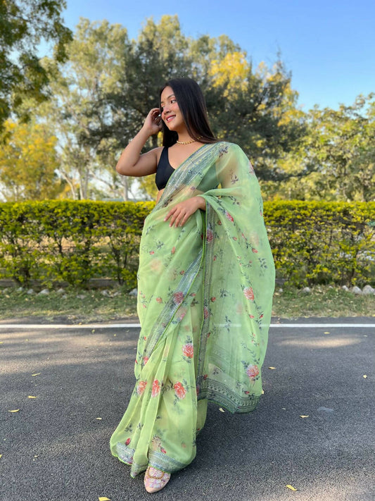 Vamsee Green Organza Saree - Swadesiicart