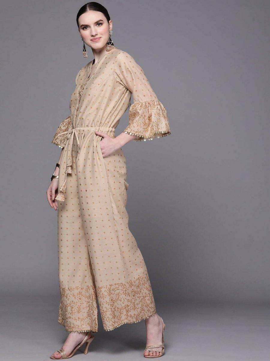 Ahalyaa Off White & Pink Printed Basic Jumpsuit - Swadesiicart