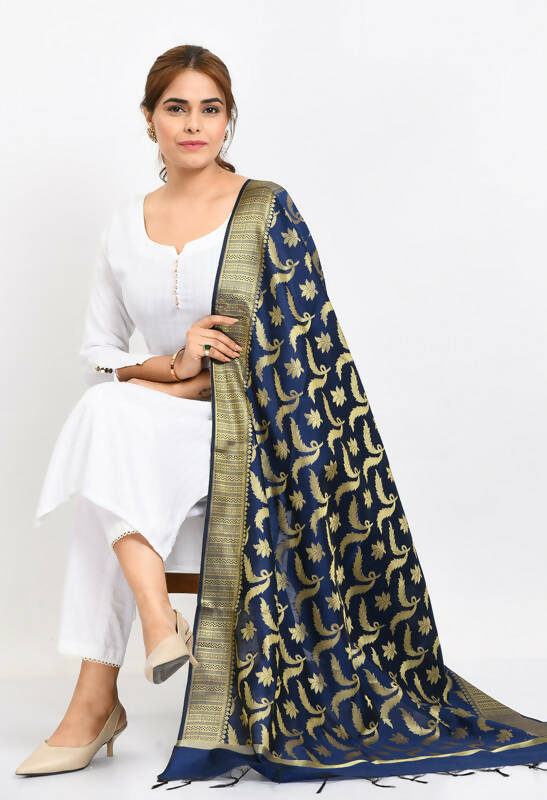 Mominos Fashion Moeza Women's Banarsi Silk Floral Woven Design Navy Blue Dupatta - Swadesiicart