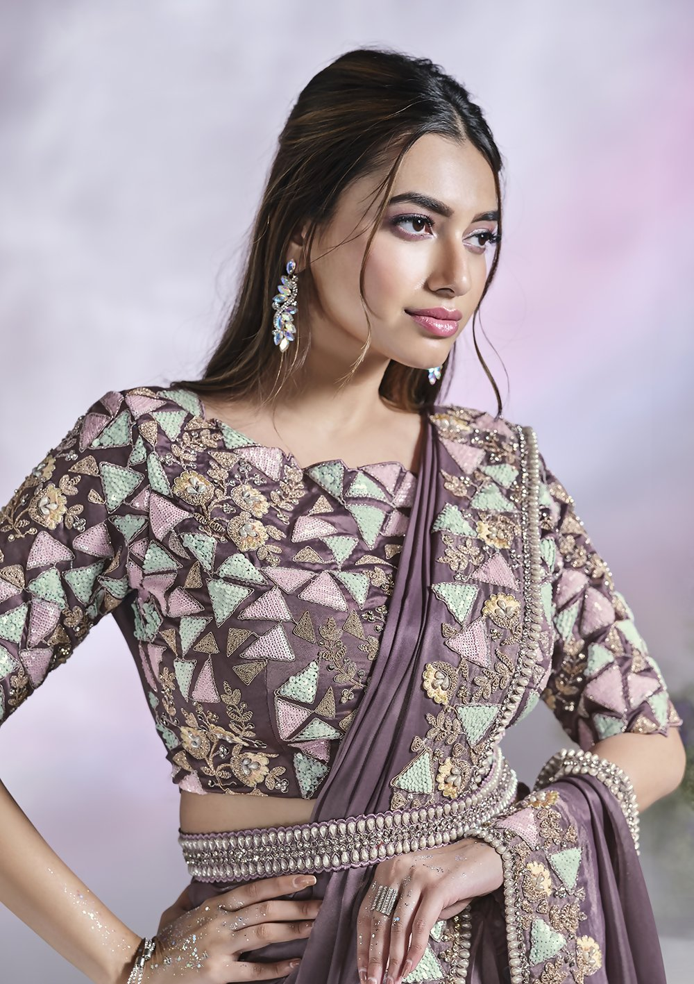 Lavendar Crepe Satin Silk Designer Ready to wear saree with stithced Blouse - Mohmanthan Aura | Swadesiicart