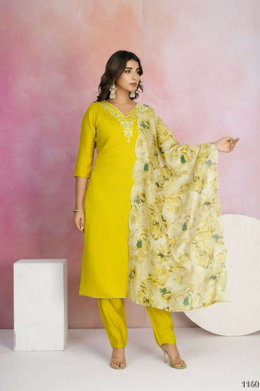 Ethnic Festive Wear Viscose Chanderi Yellow Stitched Suit With Dupatta - Tanisha | Swadesiicart