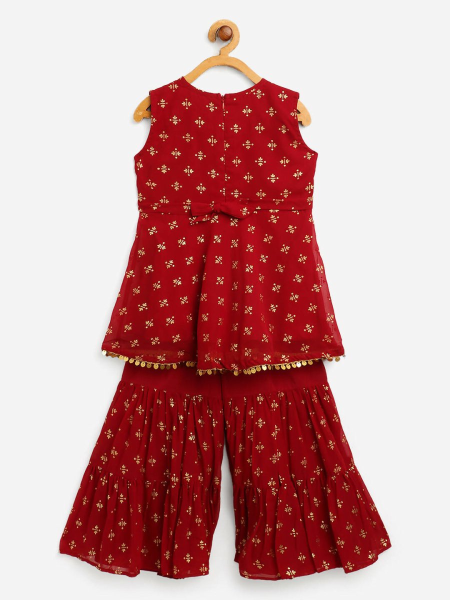 Ahalyaa Maroon Georgette Gold Foil Print Kids Peplum style Kurta Sharara Set With Dupatta For Girls | Swadesiicart