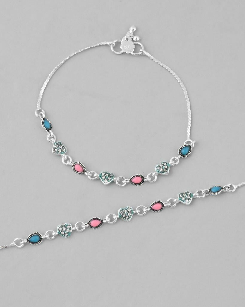 VOJ Set of 2 Silver Plated Heart Shaped Meenakari Anklet - Swadesiicart