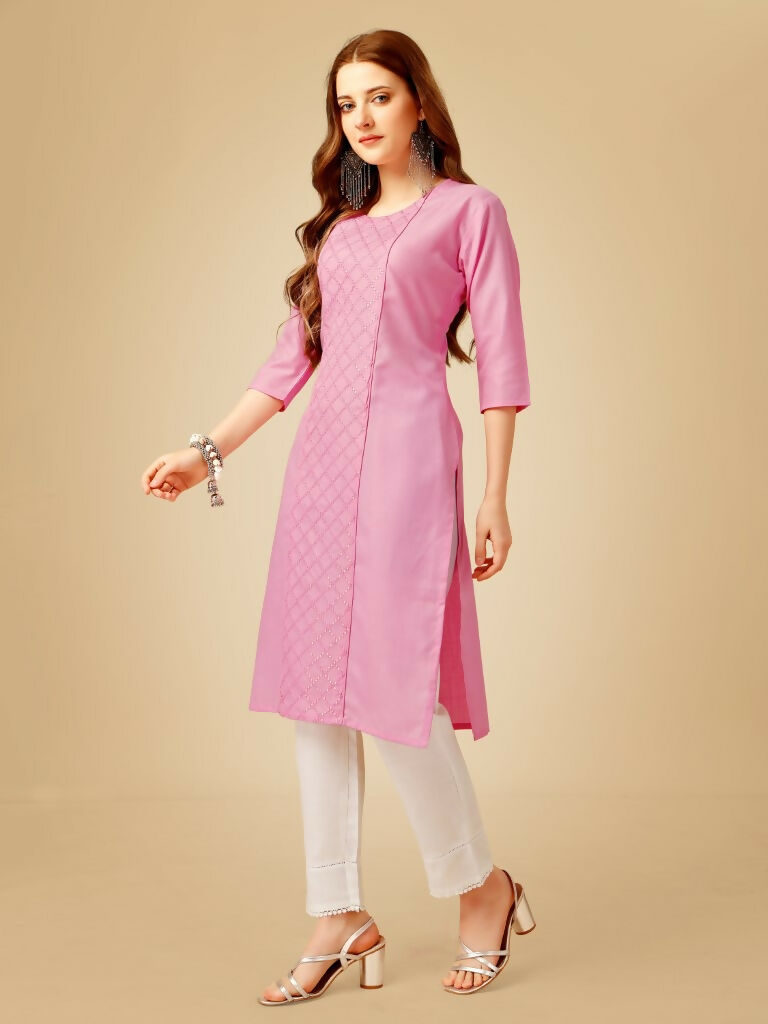 Jyoti Fashion Women's Pink Cotton Blend Embroidered Kurta Pant Set | Swadesiicart