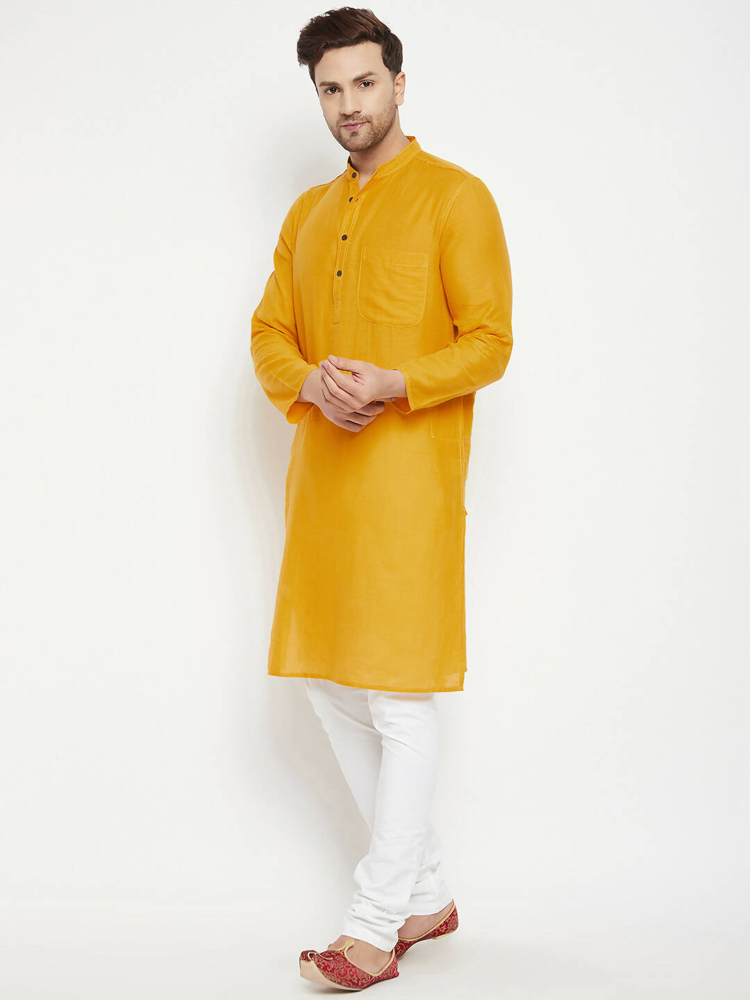 Even Apparels Yellow Pure Cotton Long Men's Kurta With Band Collar | Swadesiicart