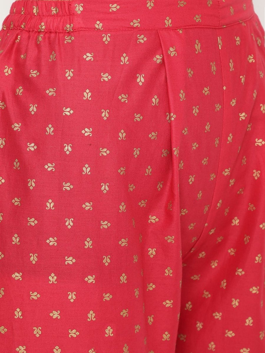 Ahalyaa Women's Red Cotton Gold Print Kurta Sharara Set | Swadesiicart