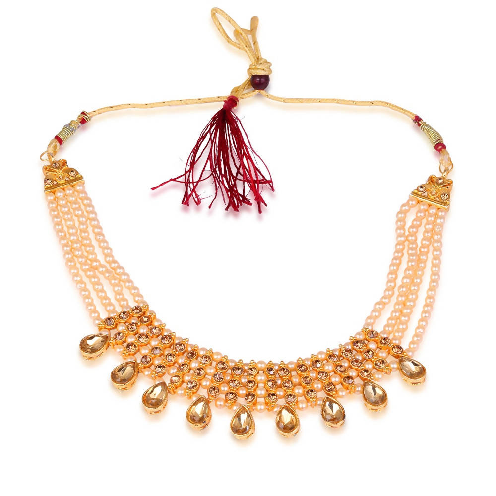 Tehzeeb Creations Golden Plated Necklace With Stone And Pearl Studded | Swadesiicart