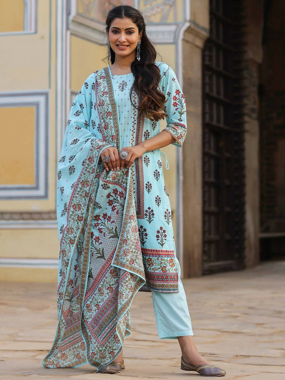 Juniper Women's Skyblue Cambric Floral Placement Printed Straight Fit Kurta Sets | Swadesiicart