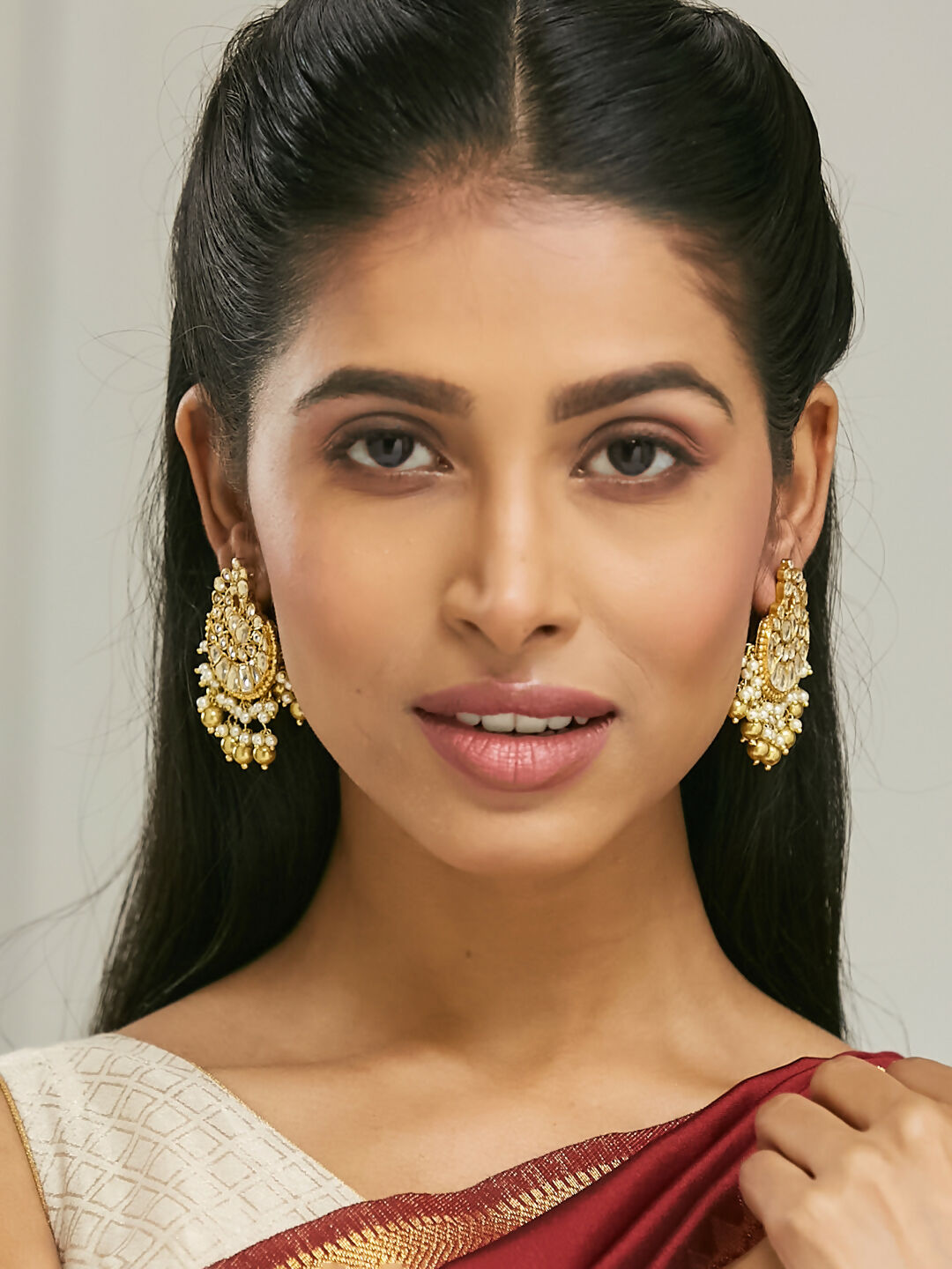 Nuyug 22K Gold-Plated Kundan Stone Studded & Pearl Drop Beaded Crescent Shaped Chandbalis | Swadesiicart