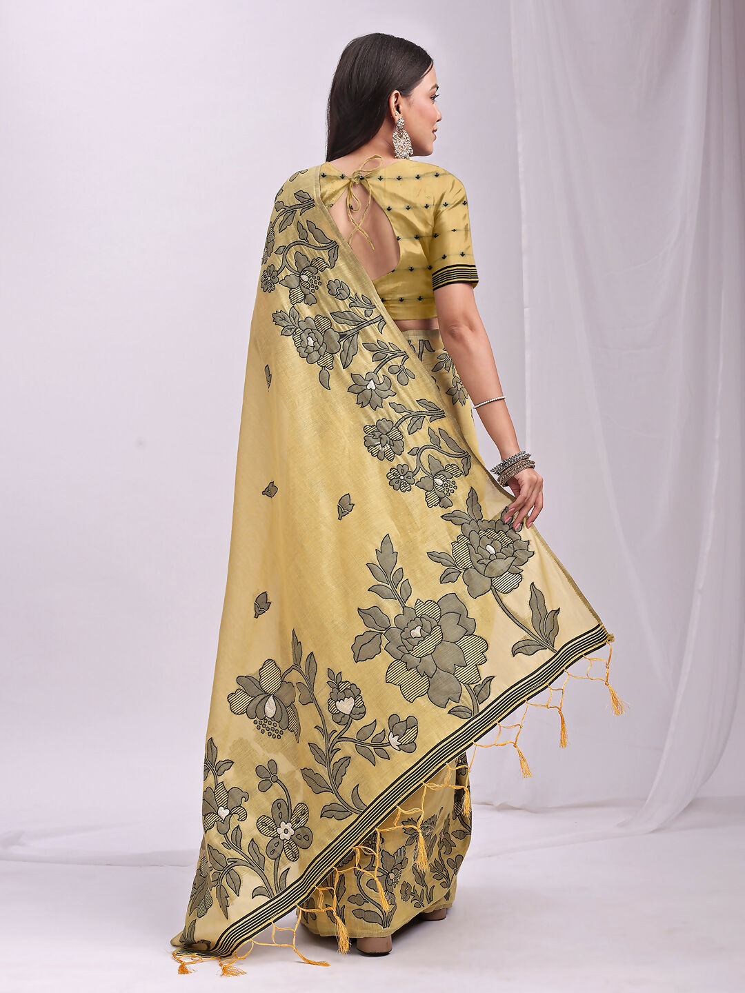 Shree Shyam Fashion Kashira Yellow Linen Cotton Saree