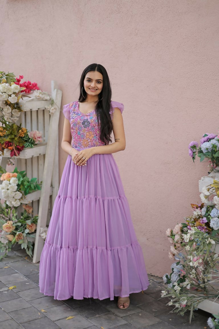 Jyoti Fashion Women's Purple Printed with Sequins Faux Georgette Anarkali Dress | Swadesiicart