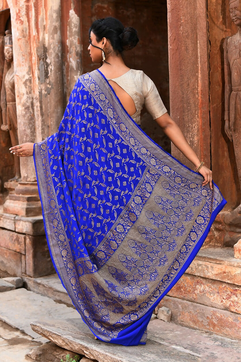 Joban Fashion Violet Crepe Chiffon Pure Handloom Banarasi Silk Saree | Swadesiicart