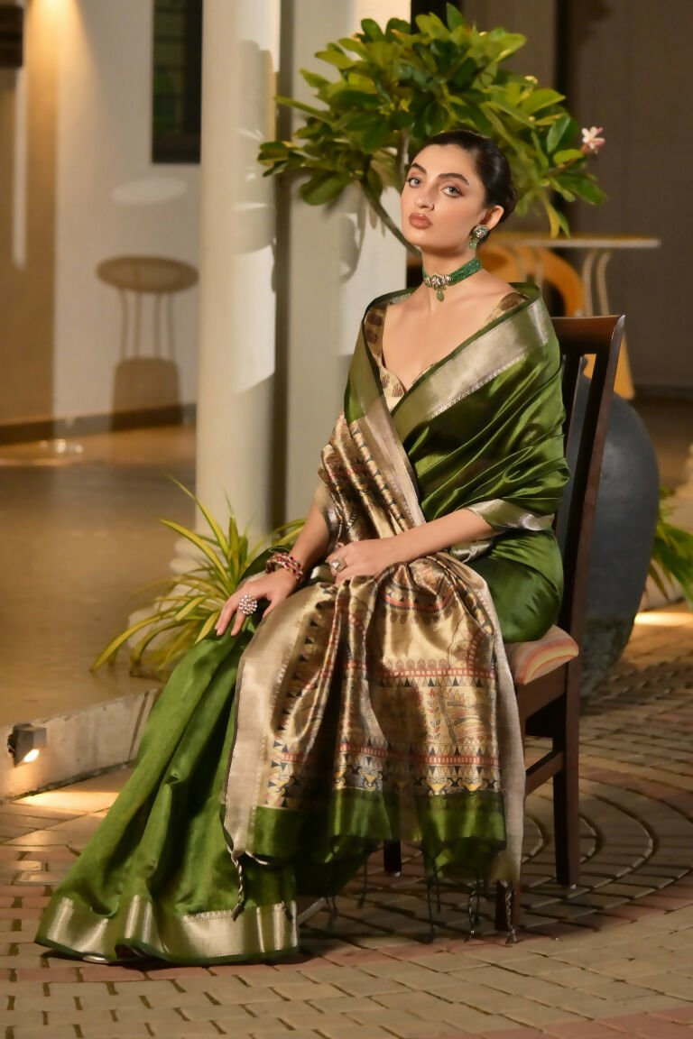 Vishnu Weaves Women's Mahendi Soft Tussar Silk Printed Saree with Blouse - Swadesiicart