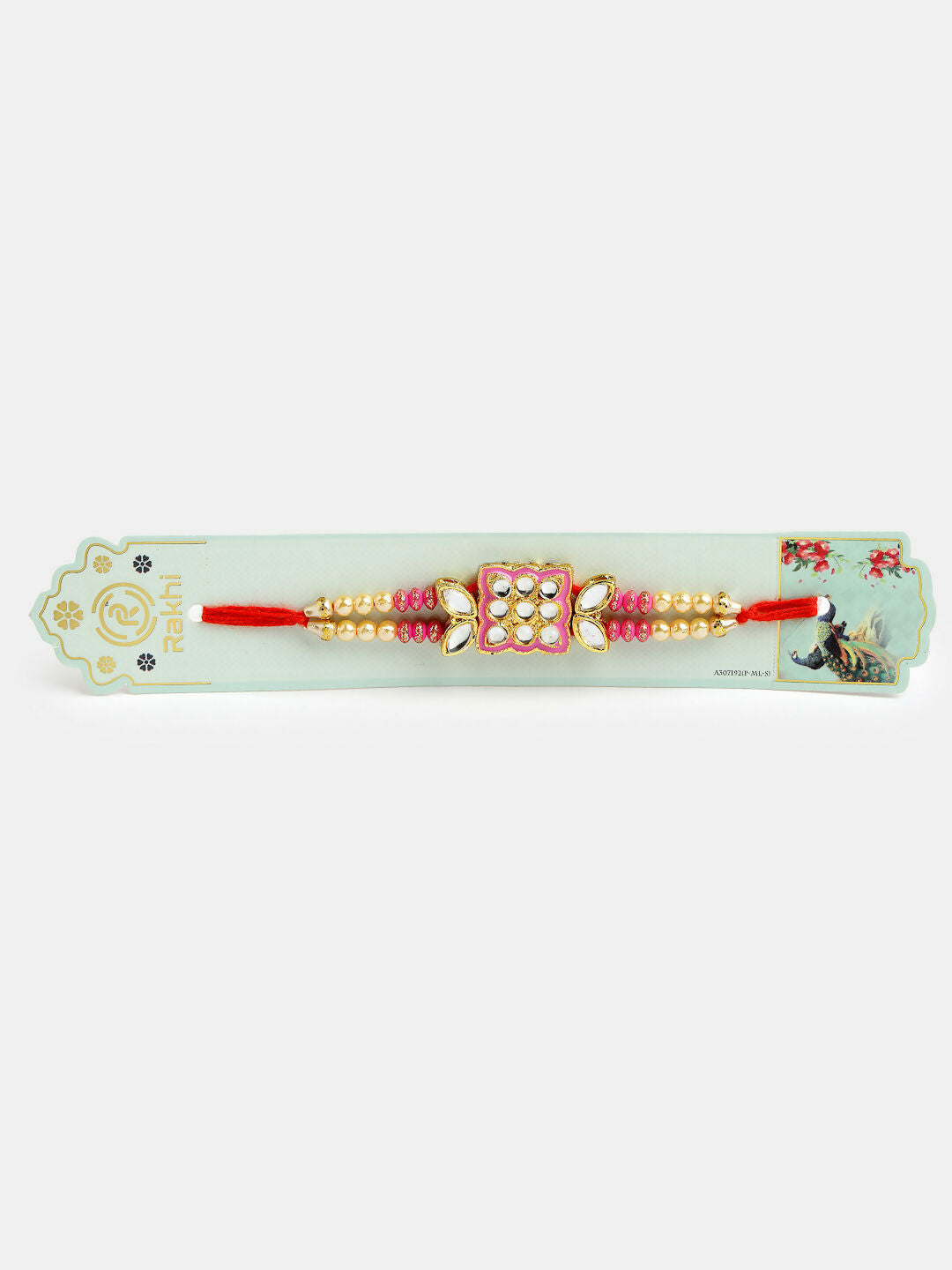 NVR Men Pink & Gold-Toned Kundan-Studded Rakhi With Roli Chawal | Swadesiicart