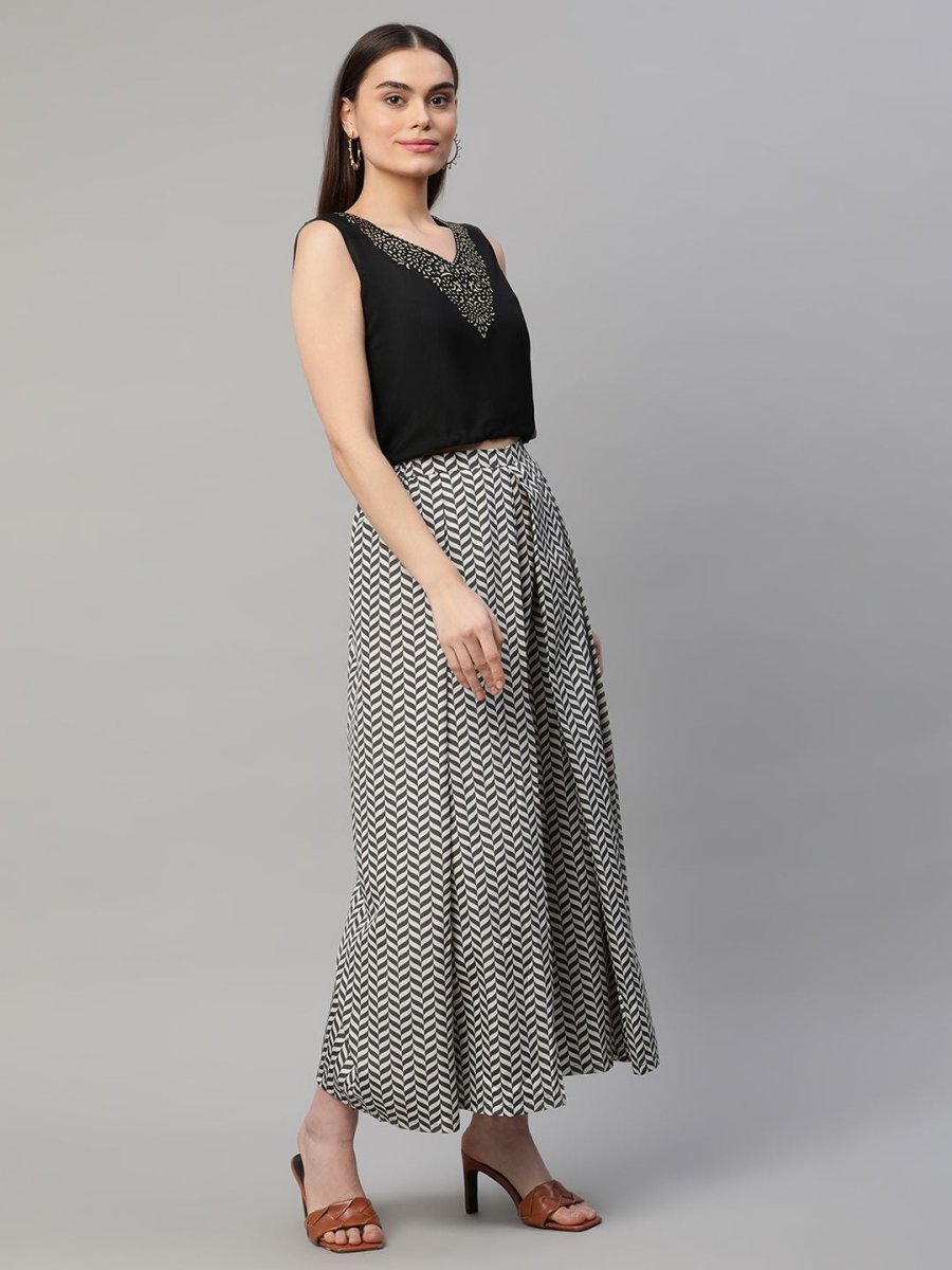 Ahalyaa Women Black Crepe Printed Top Palazzo Set | Swadesiicart