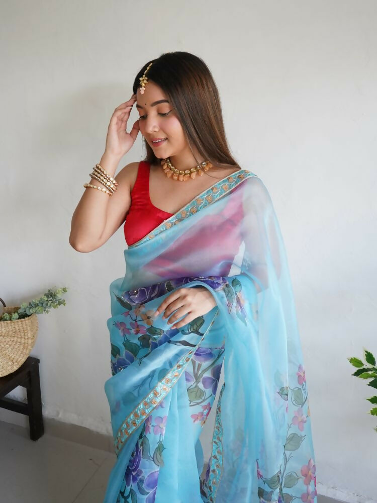 Vamsee Nilam Sky Organza Saree - Swadesiicart