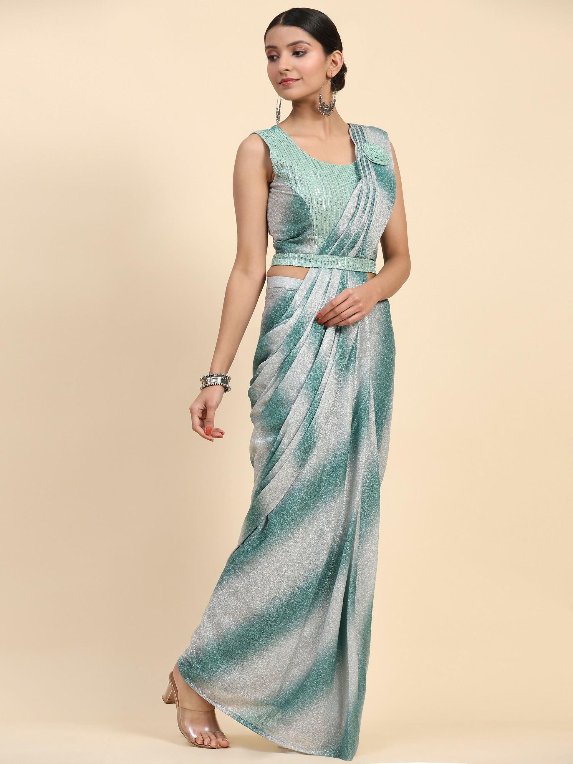 Sea Green Polyester Solid Ready to Wear Saree with stitched Blouse - Aayan | Swadesiicart